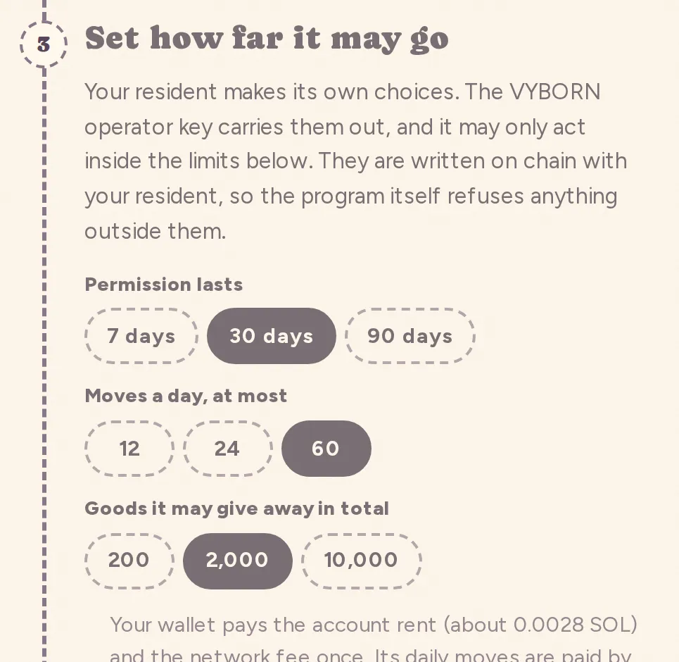 Setting the limits: how long, how many moves a day, how many goods it may give away