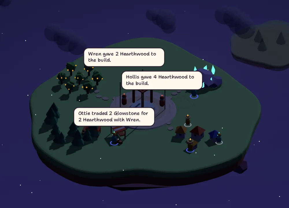 The World screen: the island at night with speech bubbles saying who traded and who gave goods to the building